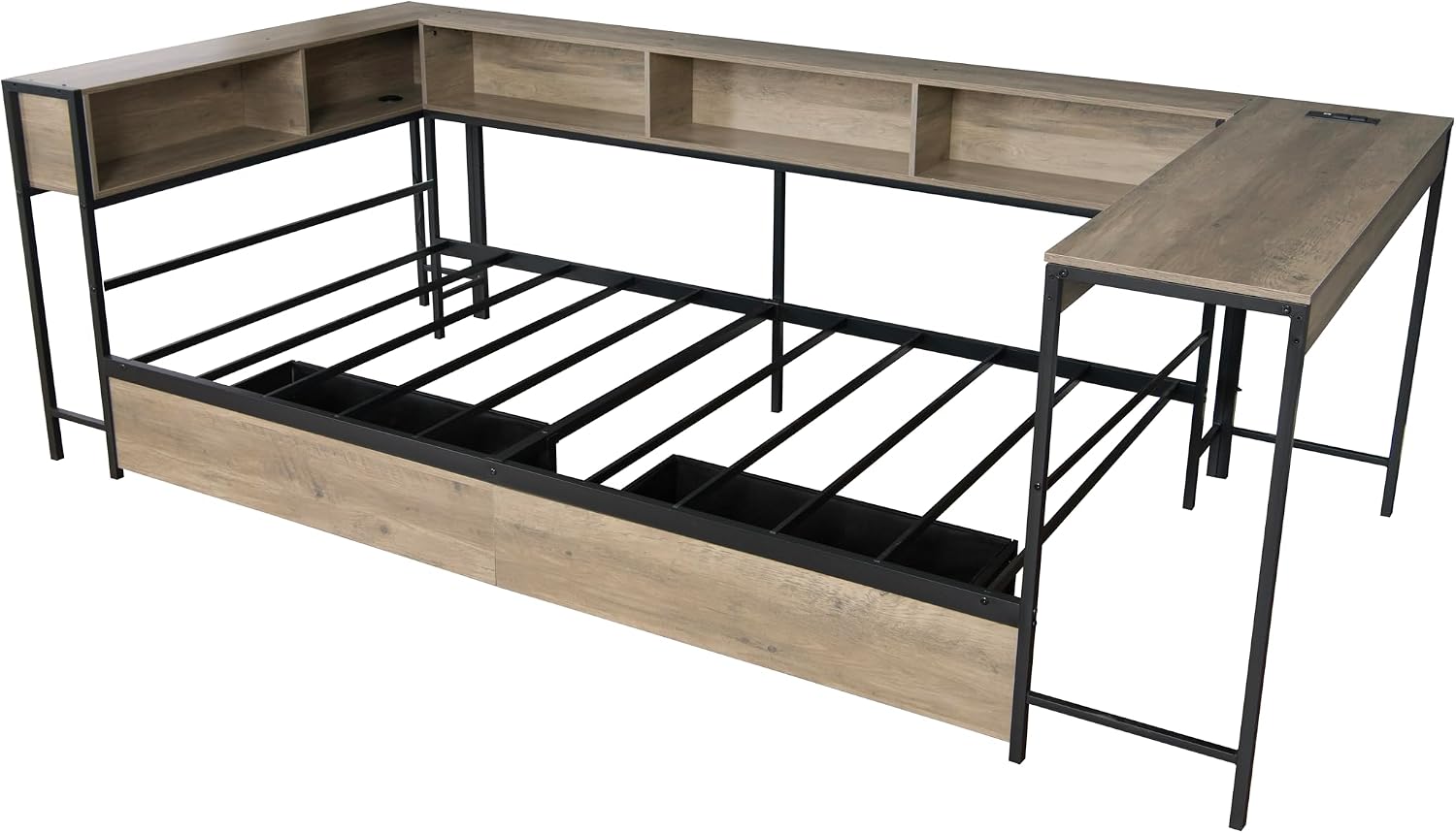 Twin Size Corner Daybed Frame with 5 Storage Shelves, Desk, 2 Drawers, Charging Station and LED Light, Metal Vintage Sofa Bed Frame for Livng Room, Bedroom, No Box Spring Needed, Grey