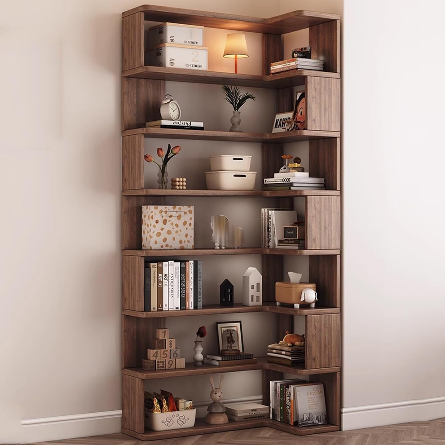 Open Shelf Corner Bookshelf, Multi-Layer Corner Shelf, Wooden Cube Display Shelf, Corner Bookcase Toy for Small Space, Book Storage, for Game Room, Bedroom(Black Walnut,60x40x222.9cm)
