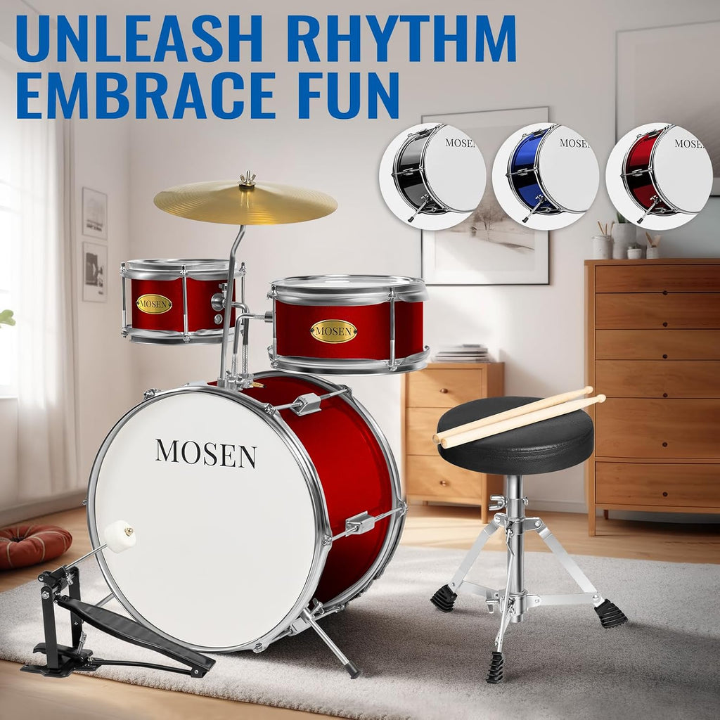 MOSEN Drum Set 3-Piece Beginner Drum Set Junior Drum Kit with Adjustable Throne, Cymbal, Pedal & Drumsticks Drums with Bass Tom Snare Drum - Red