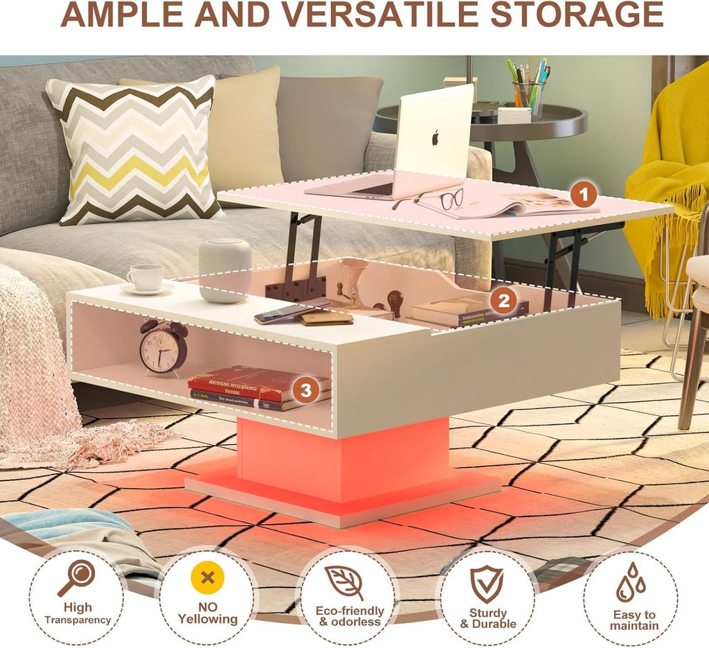 Square Lift Top Coffee Table with Storage, White Led Coffee Table for Living Room with Large Hidden Storage, 30.7' Wood Table Led Center Table for Dining Reception Room