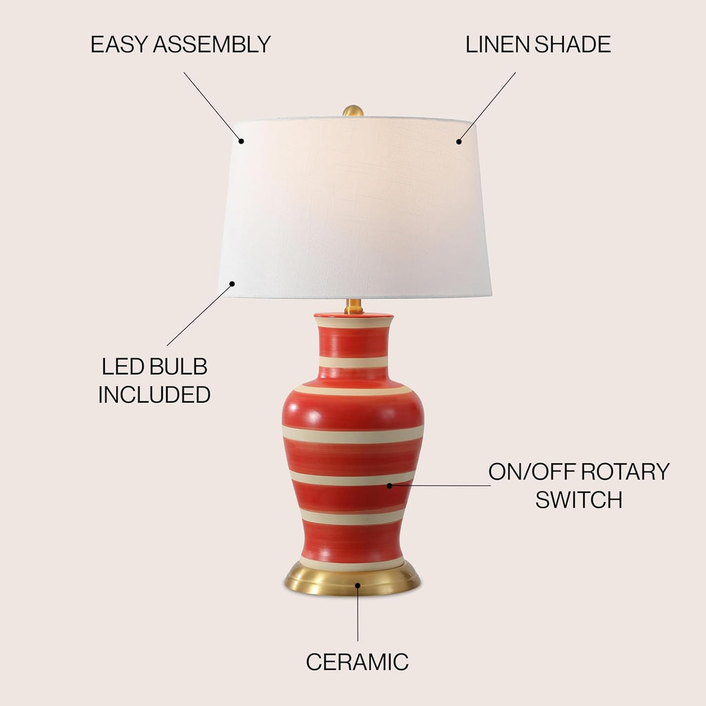 JONATHAN Y 29' Red/Beige Traditional Ceramic Urn LED Table Lamp for Bedroom Decor, White Linen Drum Shade, Classic Nightstand Lamp for Living Room, LED Bulb Included (JYL4026K)