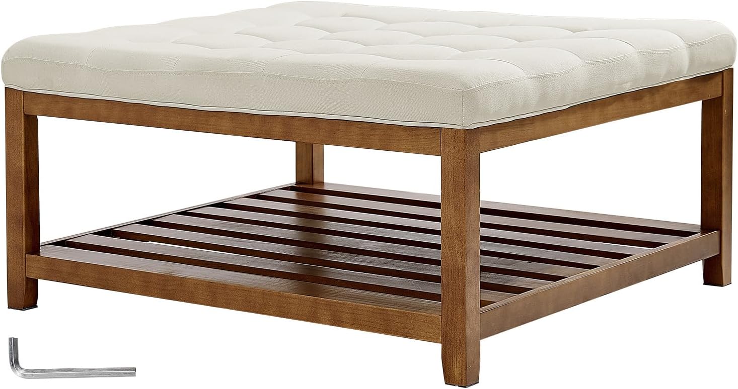 VEVOR Large Square Ottoman Coffee Table, 34.5 Inch Tufted Coffee Table with Solid Wood Shelf Storage, Linen Solid Upholstered Footrest Ottoman for Bedroom Living Room, 400 LBS, Off-White