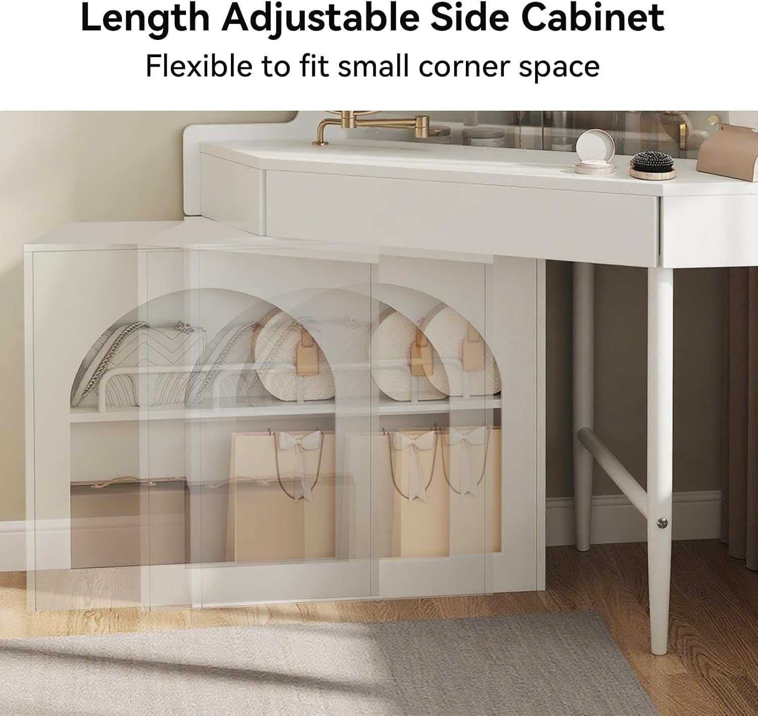 Merax Corner Vanity Desk with Mirror & LED Lights & Stool, Modern Makeup Vanity Table with Drawer Shelf Cabinet for Bedroom, Brightness Adjustable Folding Mirror (White)