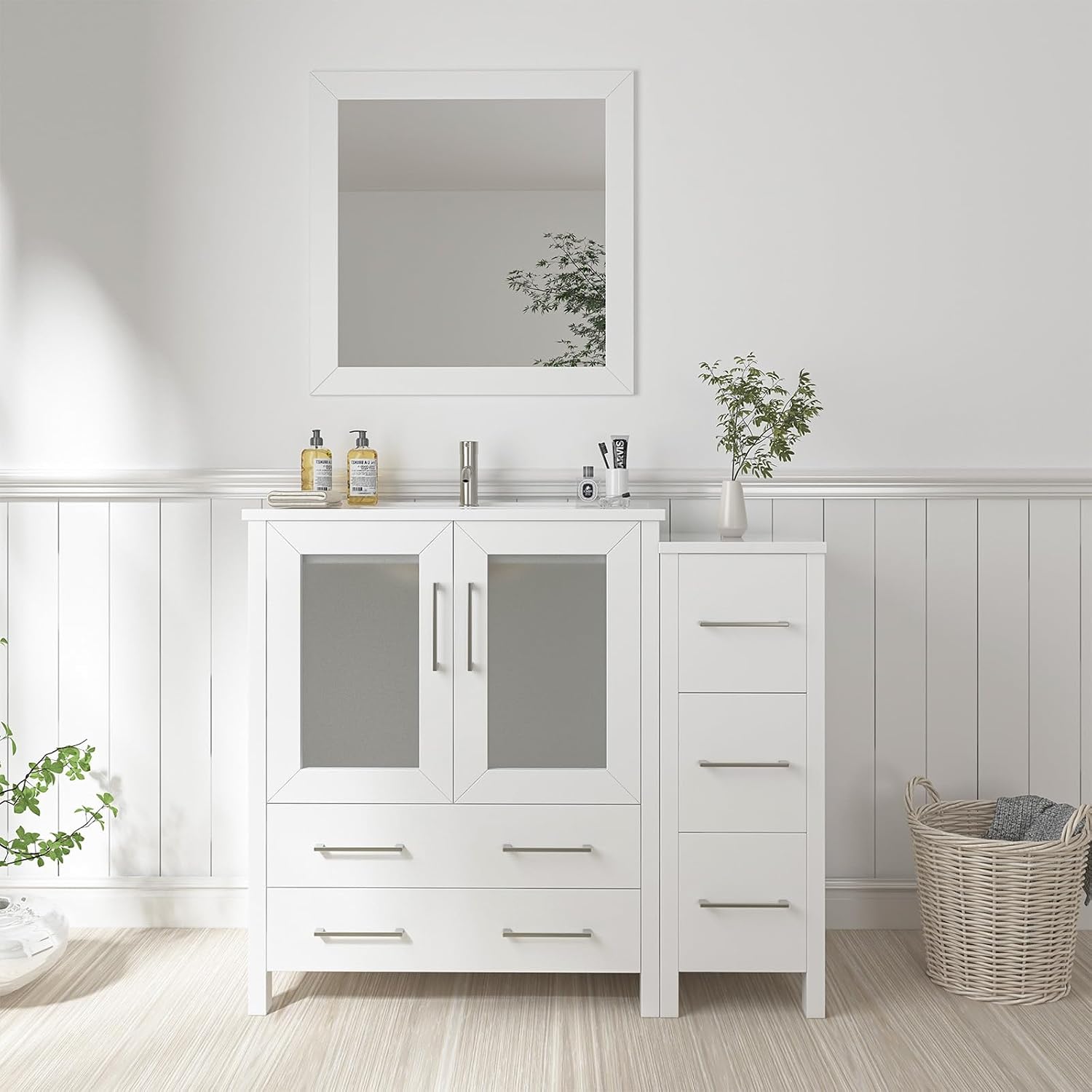 Vanity Art 42 Inch Under Mount Single Sink Bathroom Vanity Cabinet with 1 Mirror, Ceramic Top Bathroom Cabinet Compact Set with 5 Dovetail Storage Drawers and Brushed Nickel Handles, VA3030-42W