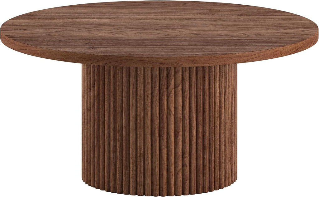 Henn&Hart 32' Fluted Round Wooden Pedestal Low-Profile Coffee Table for Living Room, Family Room, Office, or Apartment, Medium Walnut