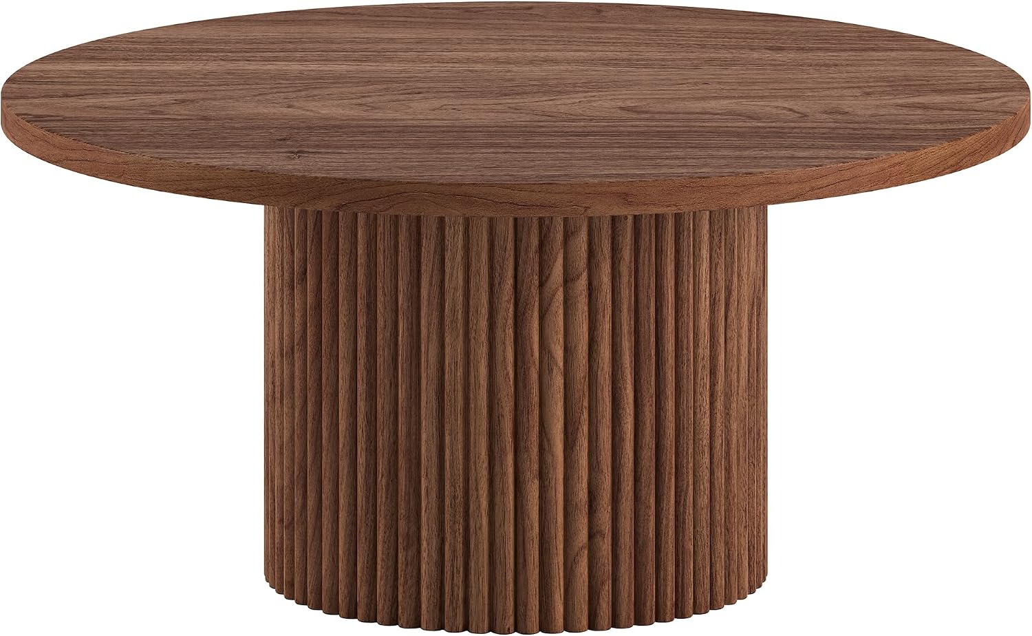 Henn&Hart 32' Fluted Round Wooden Pedestal Low-Profile Coffee Table for Living Room, Family Room, Office, or Apartment, Medium Walnut