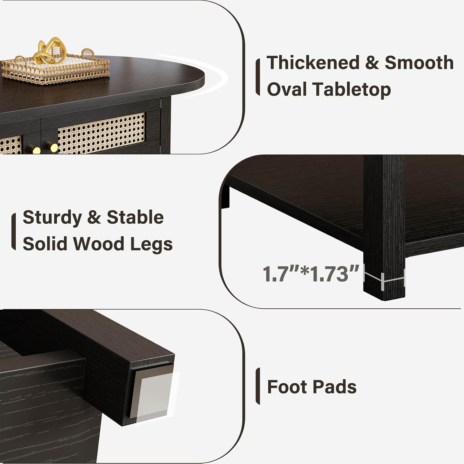LVB Rattan Coffee Table, Boho Wood Living Room Table with Storage, Oval Modern 2-Tier Cocktail Tea Table with Doors & Open Shelf, Farmhouse Vintage Center Tables for Bedroom Office, Black Oak, 47In