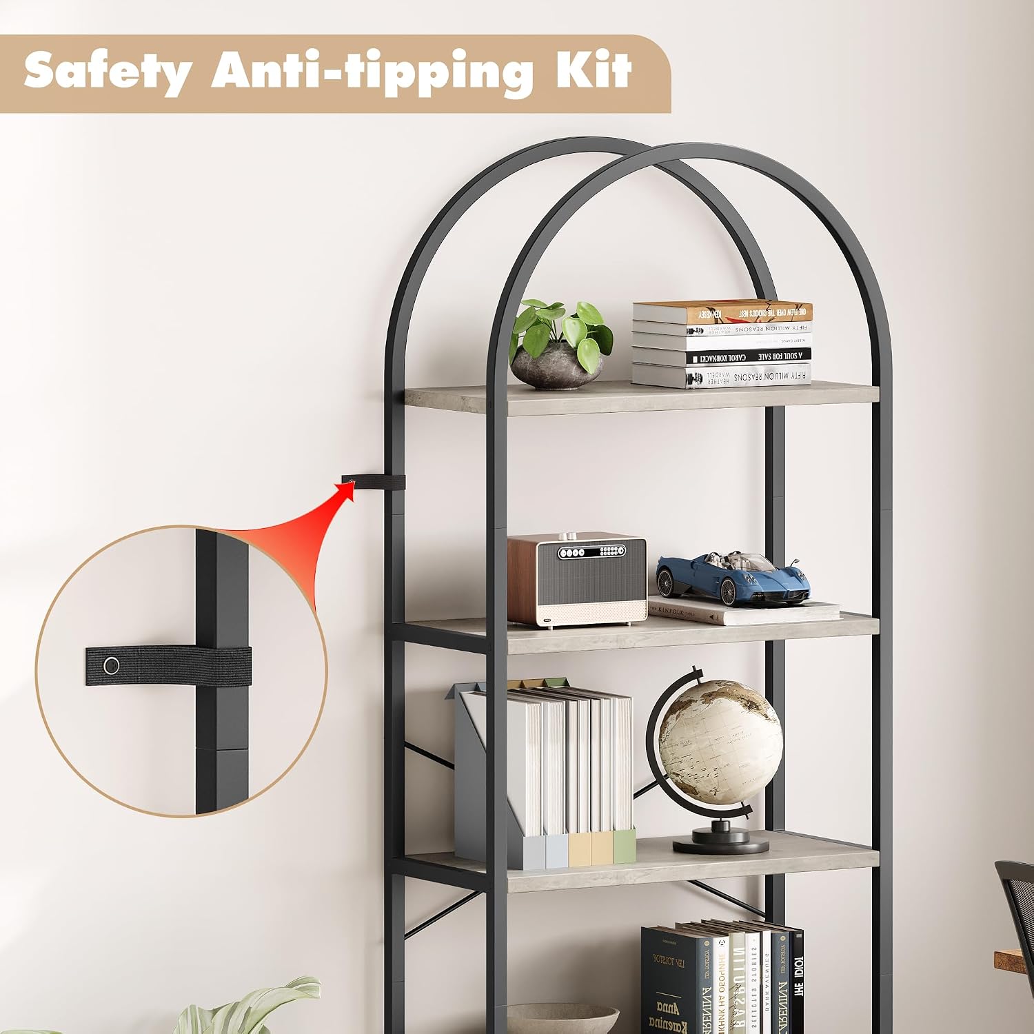 Takywep Bookshelf, Arched Bookcase with Metal Frame 5 Tiers Bookshelf Industrial Arched Cabinet Display Shelf Floorstanding Storage Shelving Unit for Bedroom, Living Room and Home Office, Gray