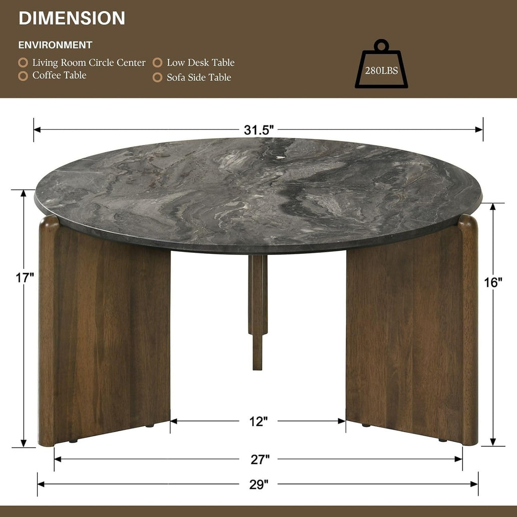 Travertine Texture Coffee Table 31.5 inch Modern Faux Marble Coffee Table Low Circle Center Table for Living Room Round Accent Table with Three-Legs for Apartment, Dark Grey