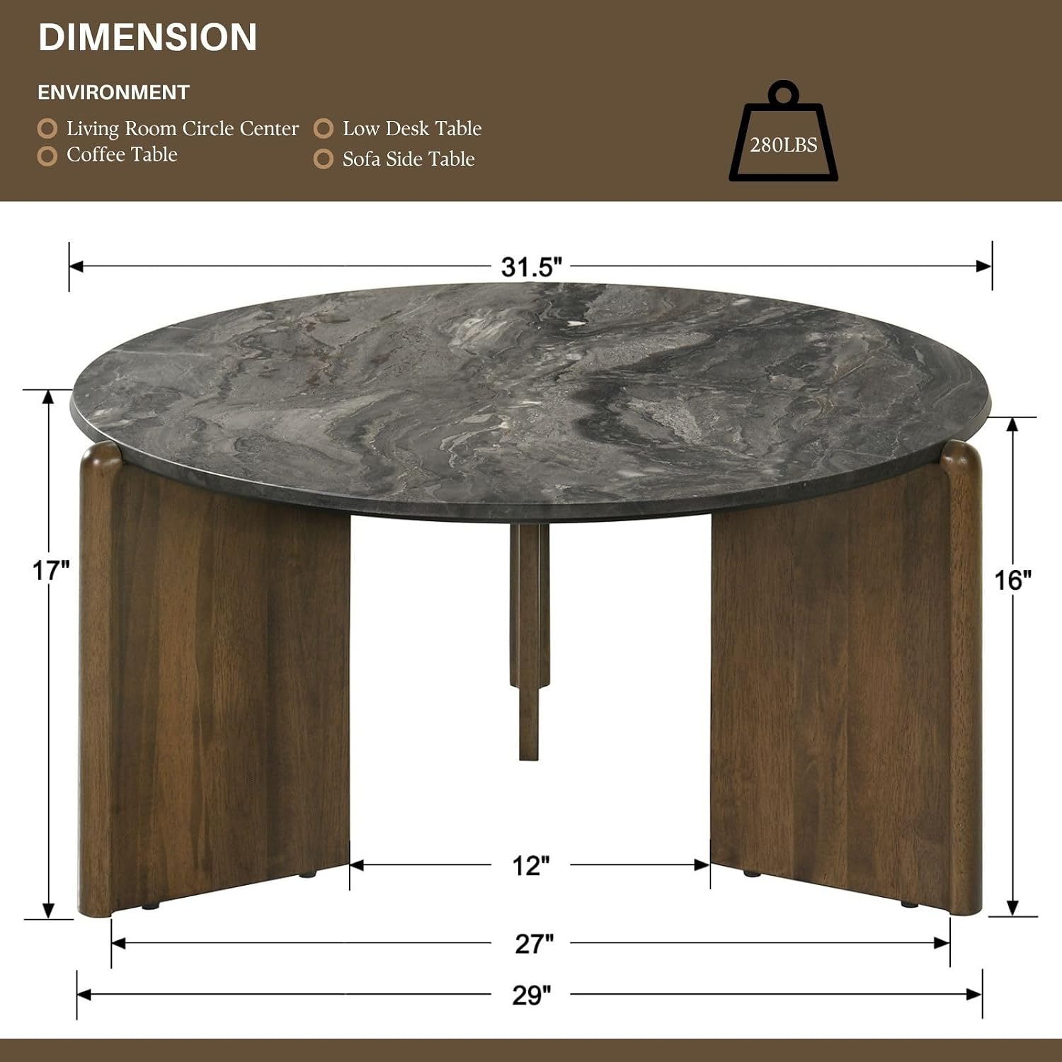 Travertine Texture Coffee Table 31.5 inch Modern Faux Marble Coffee Table Low Circle Center Table for Living Room Round Accent Table with Three-Legs for Apartment, Dark Grey