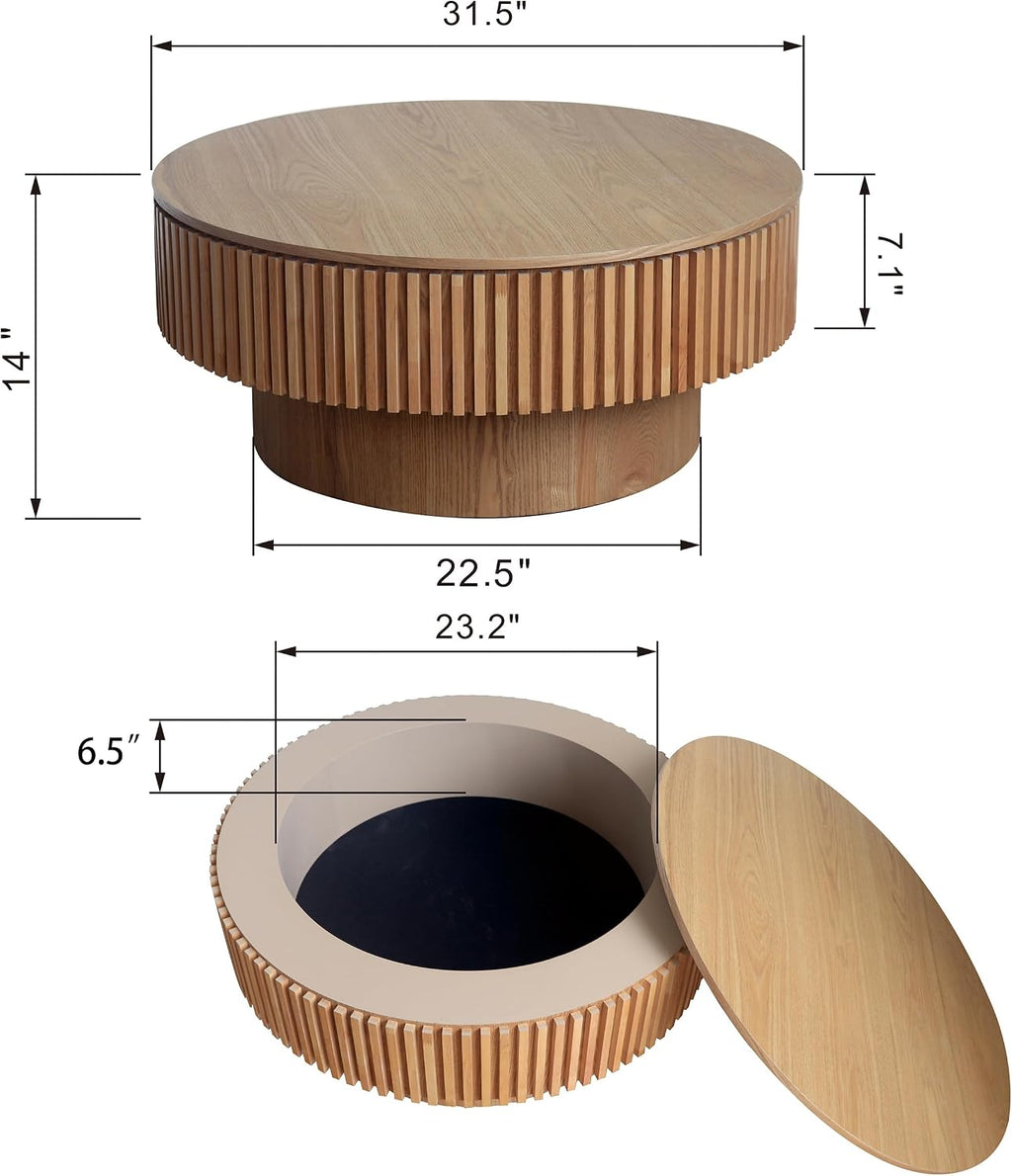 31.5'' Round Coffee Table with Storage Space, Modern Wood Circle Fluted Drum Pedestal Coffee Table for Living Room, Easy Assembly, Oak (ø31.49'' x 14'')