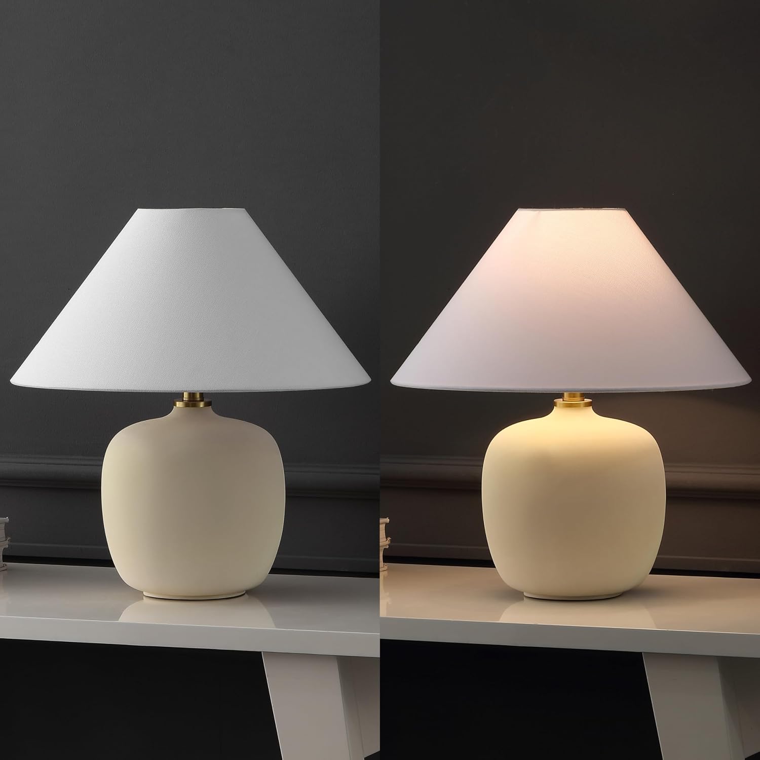 JONATHAN Y 18.25' Matte Cream Minimalist Table Lamps Set of 2 for Bedroom, White Linen Shade, Modern Scandinavian Bedside Lamps for Living Room Nightstand, LED Bulbs Included (JYL5600B-SET2)