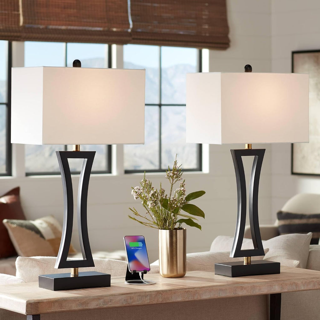 360 Lighting Roxie 31' Tall Set of 2 Modern Table Lamps with USB Ports A+C Charging Black Metal White Fabric Rectangular Shade for Living Room Bedroom House Bedside Nightstand Home Office Family