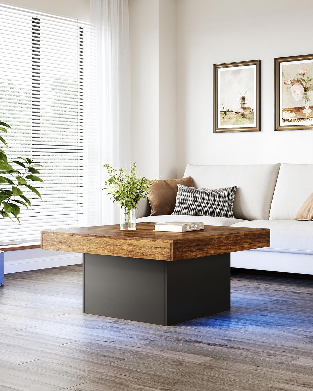 LITTLE TREE Square Coffee Table with LED Lights, 35-inch Living Room Tables, Modern Coffee Tables for Living Room, Brown and Black Wooden Center Table Cocktail Table for Home
