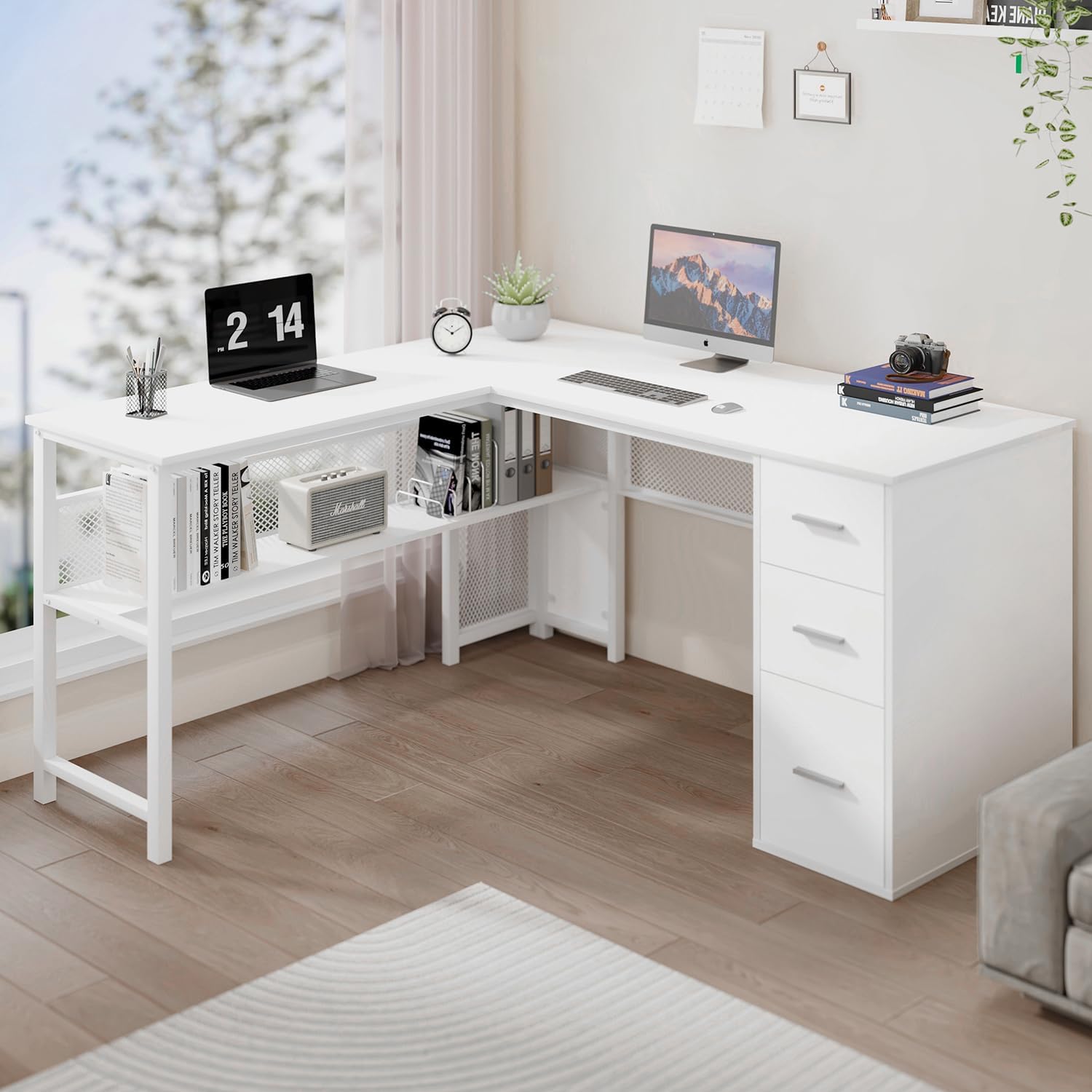 LVB White L Shaped Corner Desk with Drawers, Reversible Modern L-Shaped Computer Desk with Storage Cabinet Shelves, Large Wood Metal L Shape Home Office Desk for Work Study Writing Gaming, 59 Inch