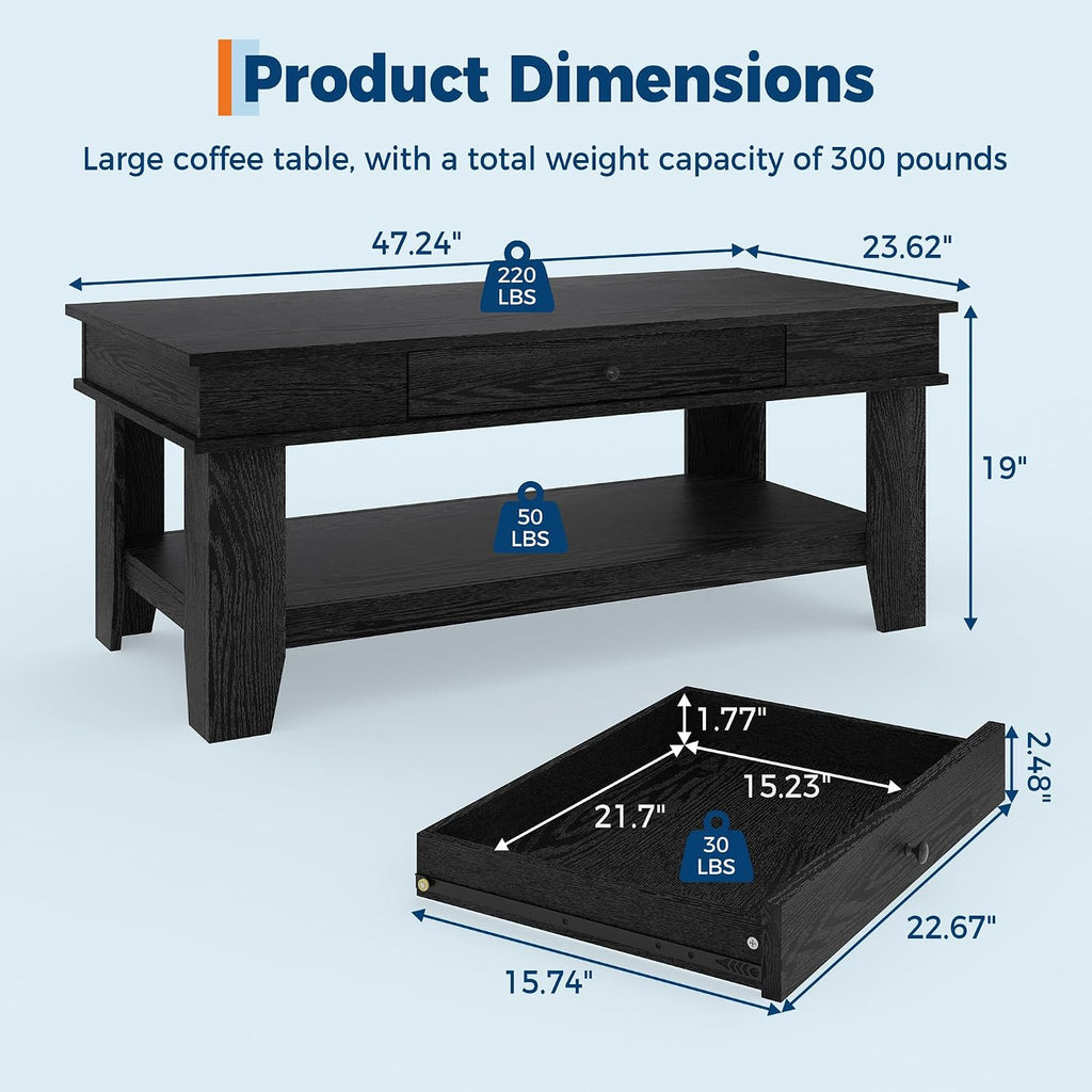 Takywep Rectangular Coffee Table with Drawer and Open Shelf, Long Center Table for Living Room, Rustic Finish, Stable Four Leg Structure, Easy to Clean Surface, Heavy Duty Storage Design, Black
