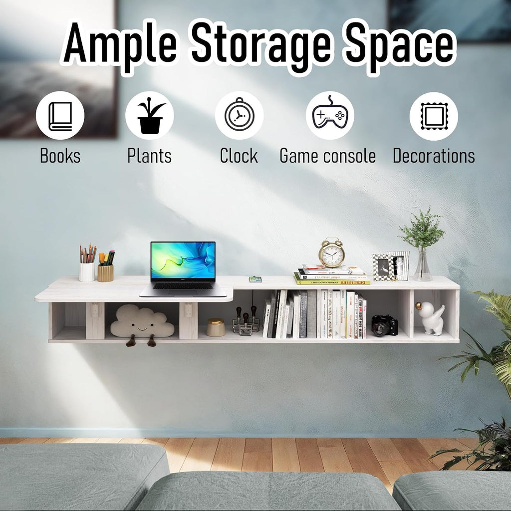 Pmnianhua 70'' Floating Desk with Storage Shelves,Wall Mounted Desk Laptop Computer Writing Study Table for Bedroom Small Space(White)
