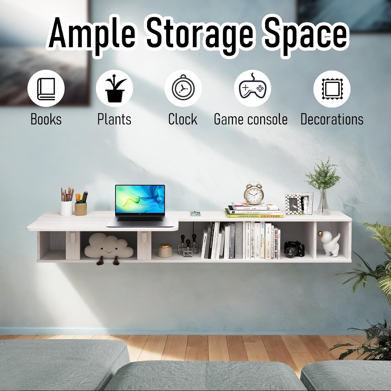 Pmnianhua 70'' Floating Desk with Storage Shelves,Wall Mounted Desk Laptop Computer Writing Study Table for Bedroom Small Space(White)