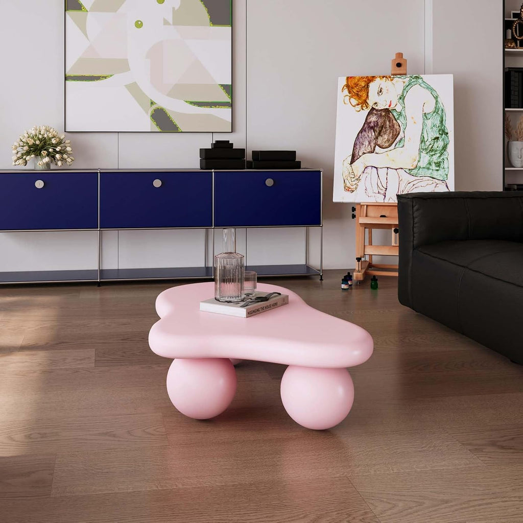 40' Modern Small Coffee Table Cloud Shape Low Center Table Cute Irregular Indoor Tea Table with 3 Ball Legs for Living Room Small Space