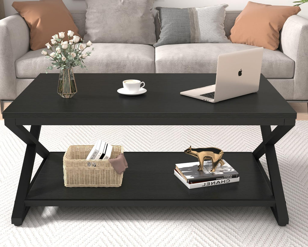 HSH Black Modern Minimalist Metal Wood Living Room Table with Storage Shelf, 39 Inch 2 Tier Rectangle Center Coffee Table
