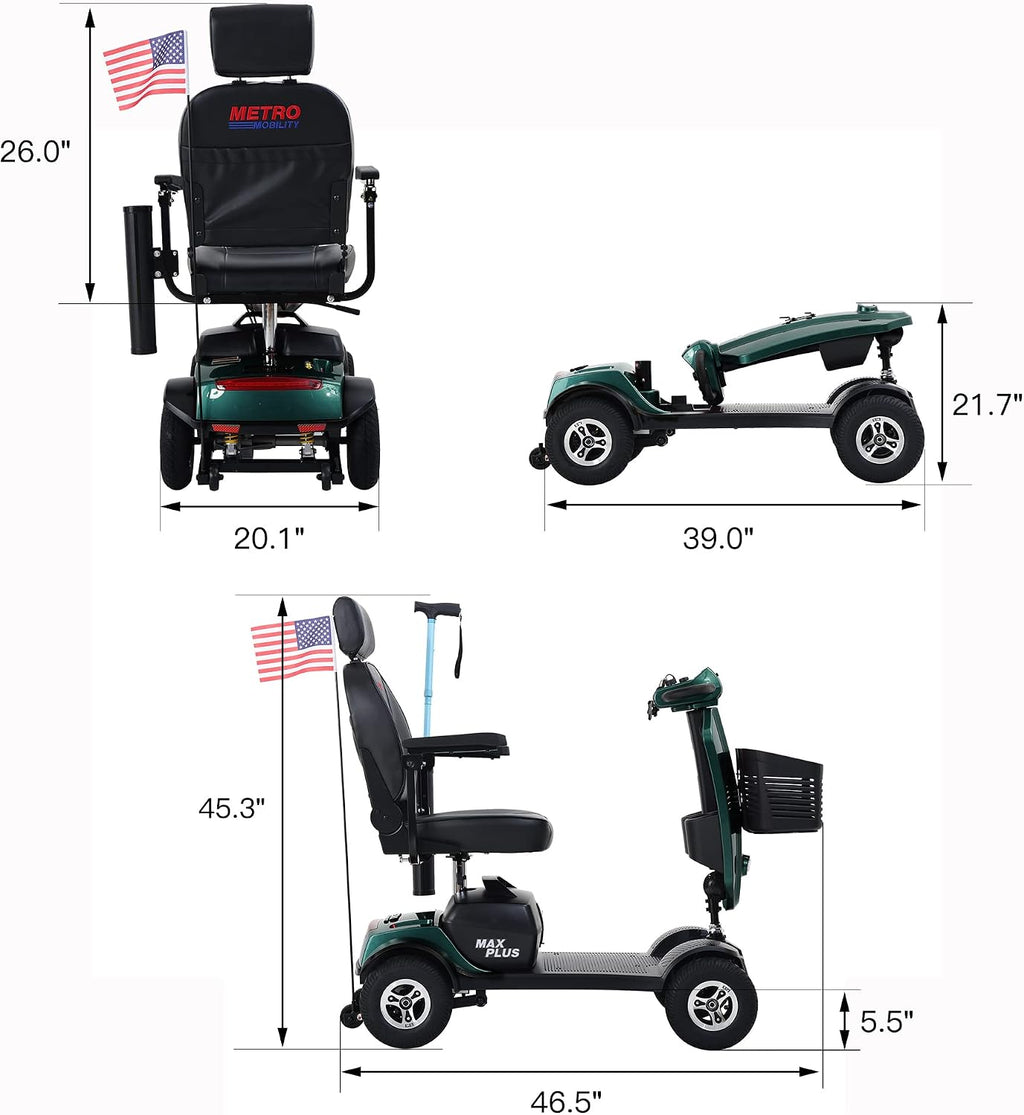 Metro Mobility 4 Wheel Folding Mobility Scooters for Seniors - 300 lbs Capacity Electric Mobility Scooter for Adults, Travel - Long Range Power Extended Battery & Freewheel Mechanism - Emerald