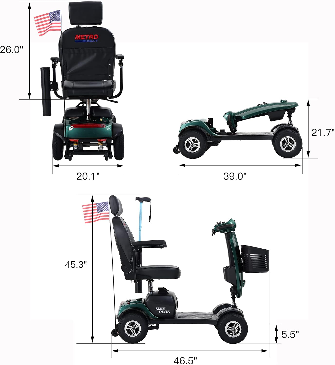 Metro Mobility 4 Wheel Folding Mobility Scooters for Seniors - 300 lbs Capacity Electric Mobility Scooter for Adults, Travel - Long Range Power Extended Battery & Freewheel Mechanism - Emerald