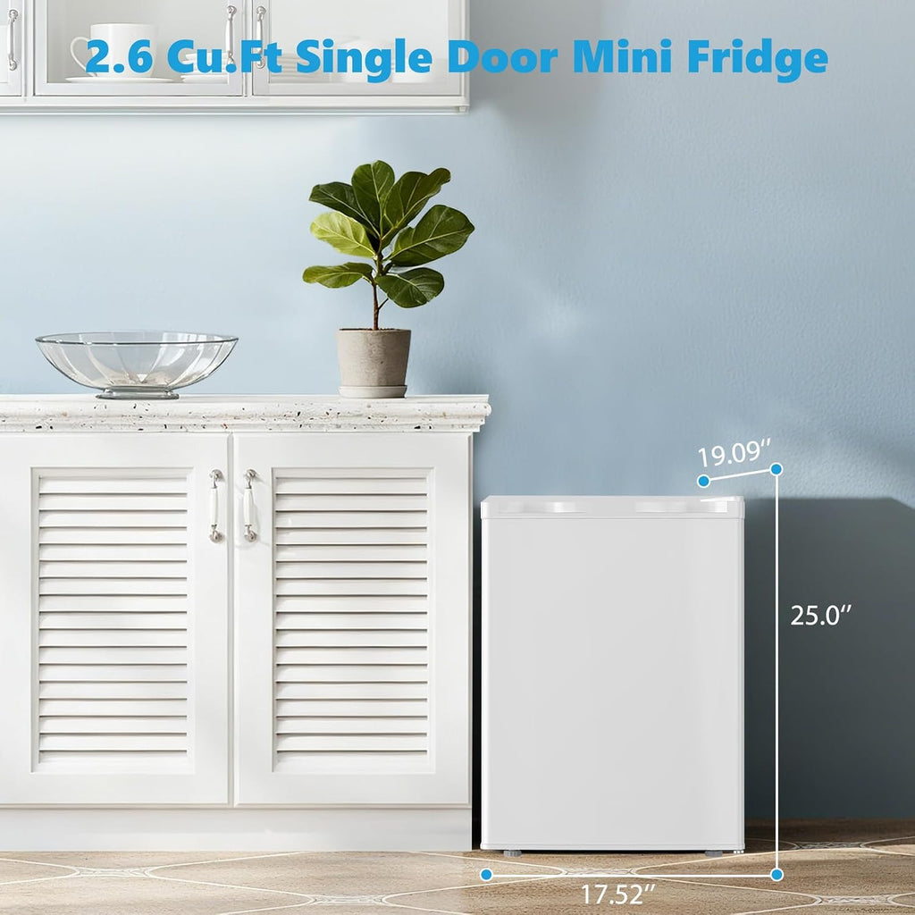 COWSAR 2.6 Cu.Ft Dorm Fridge with Freezer, Single Reversible Door Compact Refrigerator, Adjustable Thermostat, 2 Removable Shelves, Commercial Drink Fridge for Bedroom, Office, Kitchen, Dorm, White