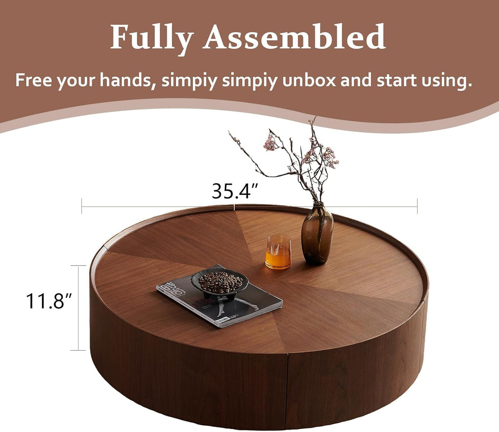 SSLine 35.4-Inch Round Coffee Table with Storage Drawers,Fully Assembled Wooden Coffee Table with Solid Wood Veneered Mid-Century Modern Cocktail Center Tables for Living Room Office Apartment,Walnut