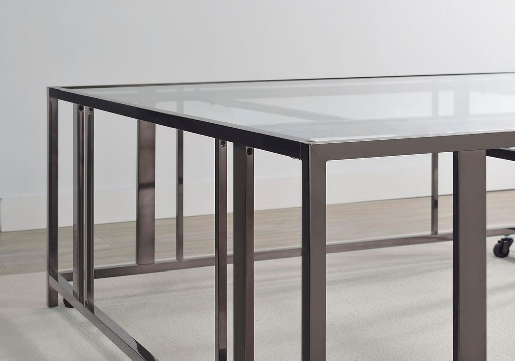 Coaster Home Furnishings - Adri - Square Glass Top Coffee Table with Geometric Base and Smooth-Rolling Casters - Contemporary - Living Room - Black Nickel - 710178