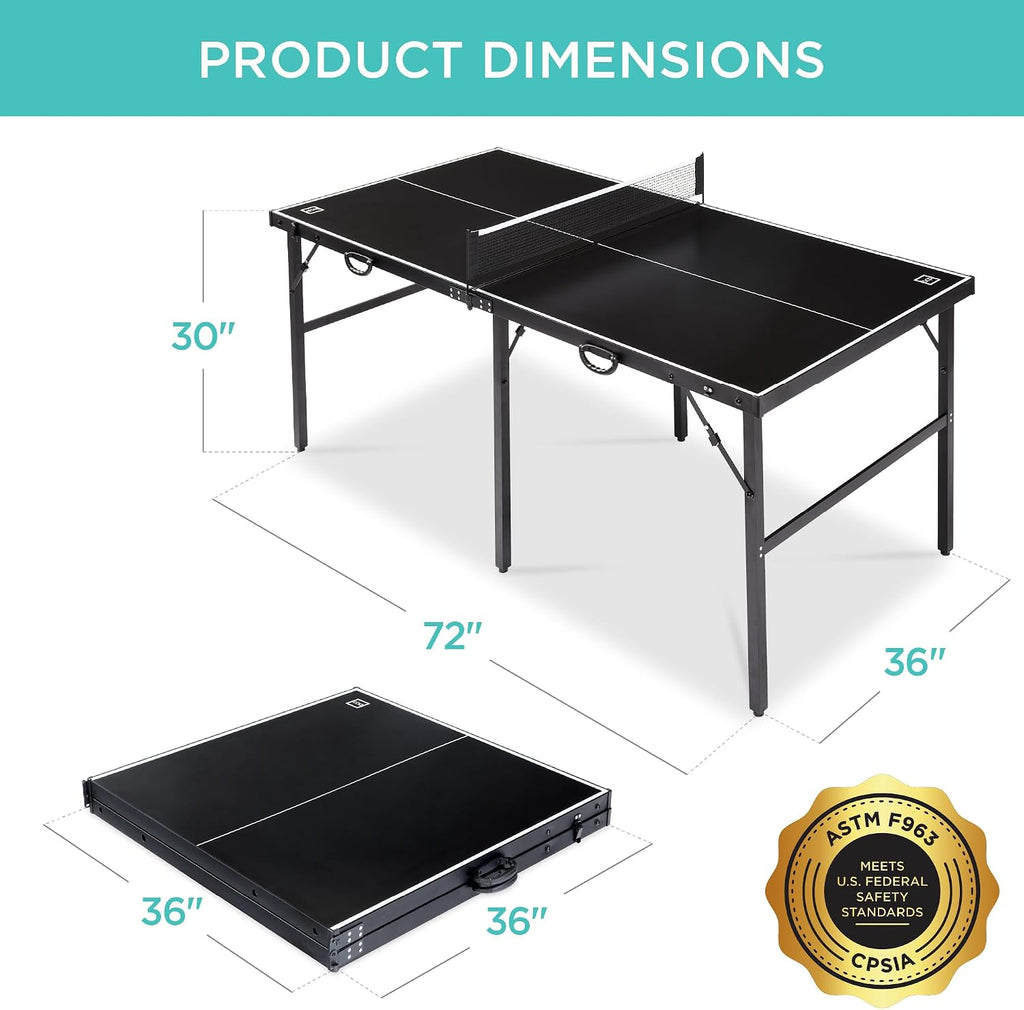 Best Choice Products Portable Ping Pong Table, Mid-Size Folding Indoor Outdoor Table Tennis w/ 2 Paddles, 4 Balls Included, Carrying Bag