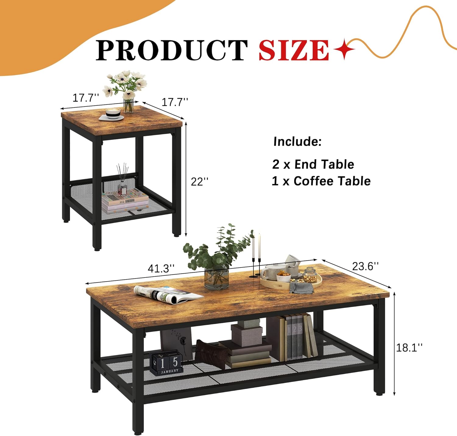 furlinkhm Coffee Table Set of 3, Industrial Coffee Table with 2 Square End Side Tables, Modern Living Room Table Set, with Metal Frame, for Apartment Home Office, Brown