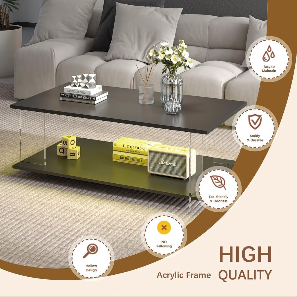 HedoAjim 43' Acrylic Coffee Table with Black Wood Top, Minimalist Stylish Modern Rectangular Center Tables for Living Room, Led Living Room Table with Storage Shelf & Acrylic Frame for Small Space