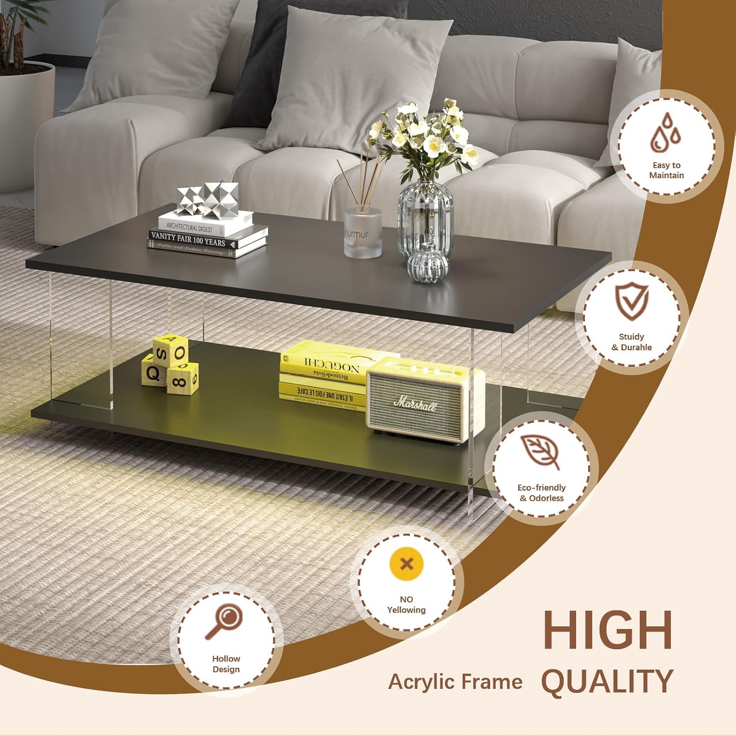 HedoAjim 43' Acrylic Coffee Table with Black Wood Top, Minimalist Stylish Modern Rectangular Center Tables for Living Room, Led Living Room Table with Storage Shelf & Acrylic Frame for Small Space