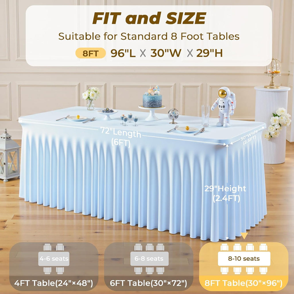 6 Pack Blue Spandex Fitted Tablecloth 8 Foot - Stretch Table Clothes for 8 FT Rectangle Table, Washable Ruffles Elastic for Weddings, Buffet, Banquet, Trade Craft Show, Party Celebration