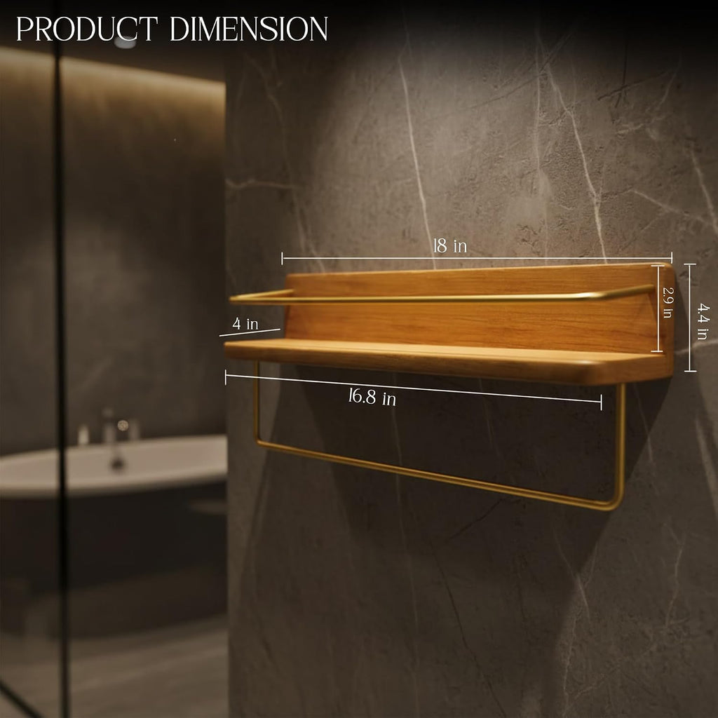 HOMORA Solid Wood Bathroom Shelf with Gold Towel Bar – Wall Mounted Toiletry Organizer, Walnut-Style Wall Shelf for Bathroom & Kitchen Storage, Wooden Shelf with Brass Rail