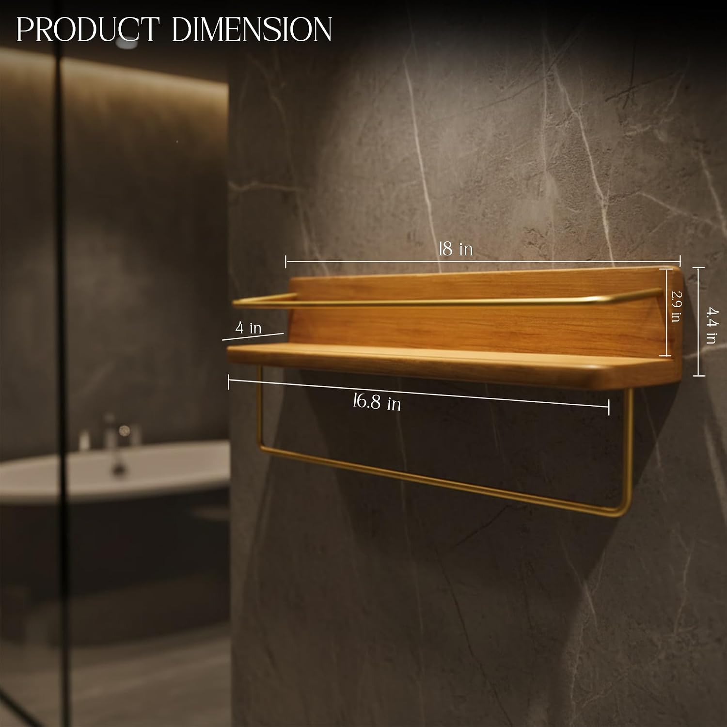 HOMORA Solid Wood Bathroom Shelf with Gold Towel Bar – Wall Mounted Toiletry Organizer, Walnut-Style Wall Shelf for Bathroom & Kitchen Storage, Wooden Shelf with Brass Rail