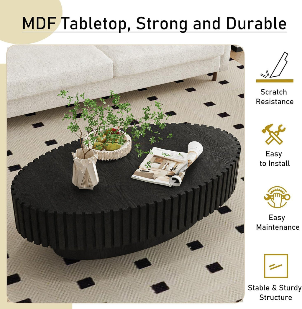 Oval Fluted Coffee Table Mid Century Modern Coffee Tables with Handcrafted Relief Ellipse Drum End Table Rustic Industrial Center Tables for Apartment Living Room (Black Oval)