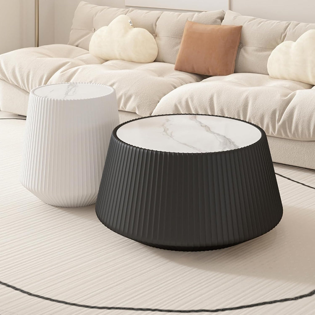 Round Coffee Table Set with Sintered Stone Tabletop, 26.77' Black Drum Center Table and 19.68' White Coffee Table Set, 2 Pieces Living Room Table Set with Fluted PU Leather Cover& Stable Base