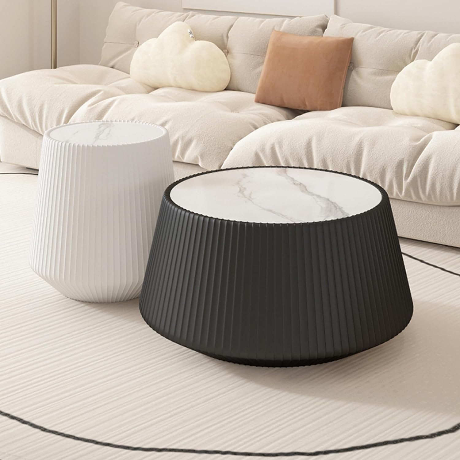 Round Coffee Table Set with Sintered Stone Tabletop, 26.77' Black Drum Center Table and 19.68' White Coffee Table Set, 2 Pieces Living Room Table Set with Fluted PU Leather Cover& Stable Base