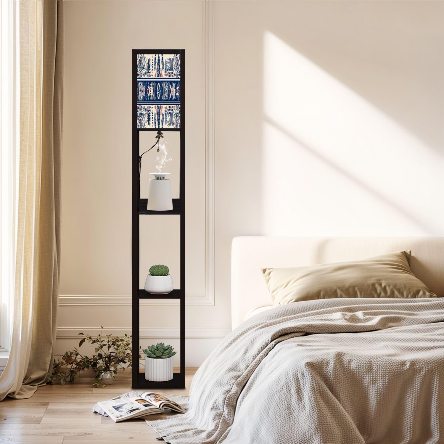 Floor Lamp with Shelves geometric folklore ornament Tribal ethnic texture Seamless striped Standing Tall Lamp USB Ports & Power Outlet Modern Corner Lamp Nightstand Light for Living Room Bedroom