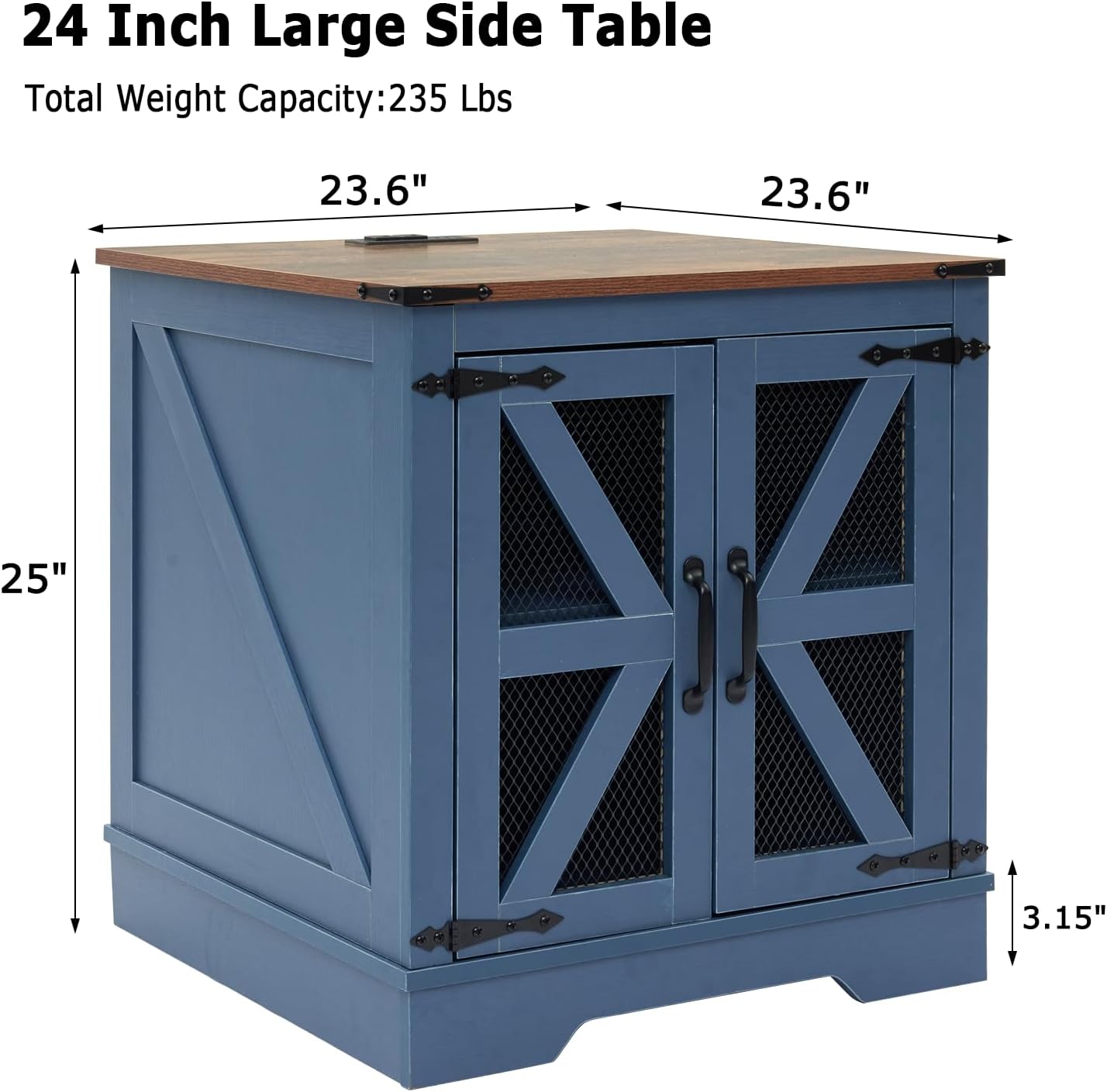 Blue Farmhouse End Table with Charging Station, 21' Wood Sofa Side Table with Mesh Barn Door, Rustic Nightstand with Hidden Storage for Living Room, Square