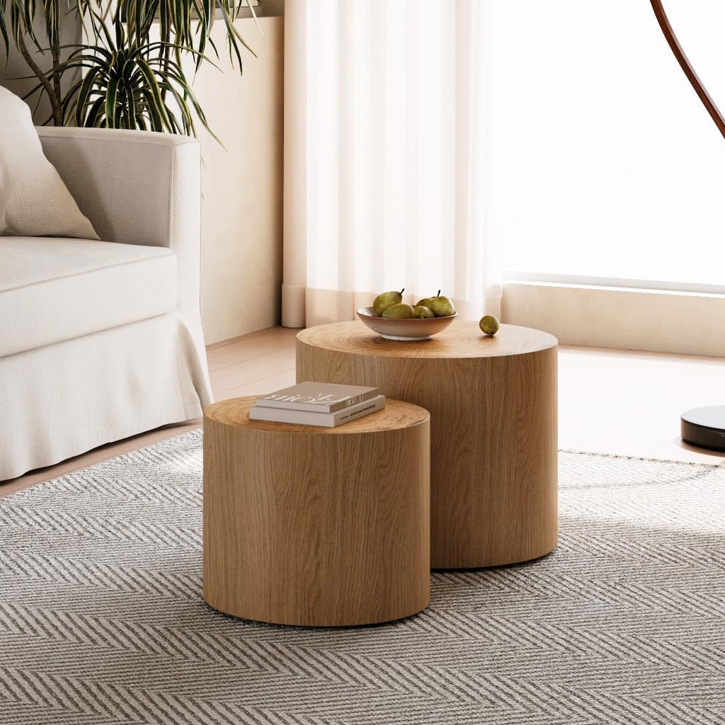 WILLIAMSPACE 18.9' Round Nesting Coffee Table Set of 2, Modern Wooden Coffee Tables Small Circle Center Table for Living Room, Accent End Table Set, No Assembling (Natural Wood)