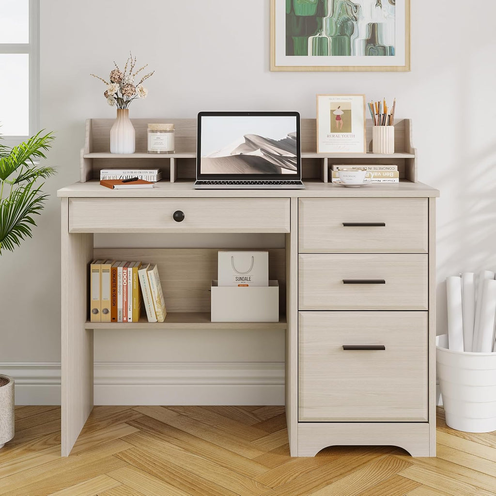 Small Desk with 4 Drawers, Computer Desk with Storage & Monitor Stand for Small Spaces, Office Desk with File Drawer & Shelves for Bedroom, Wood Writing Desk for Home Office, Milky White