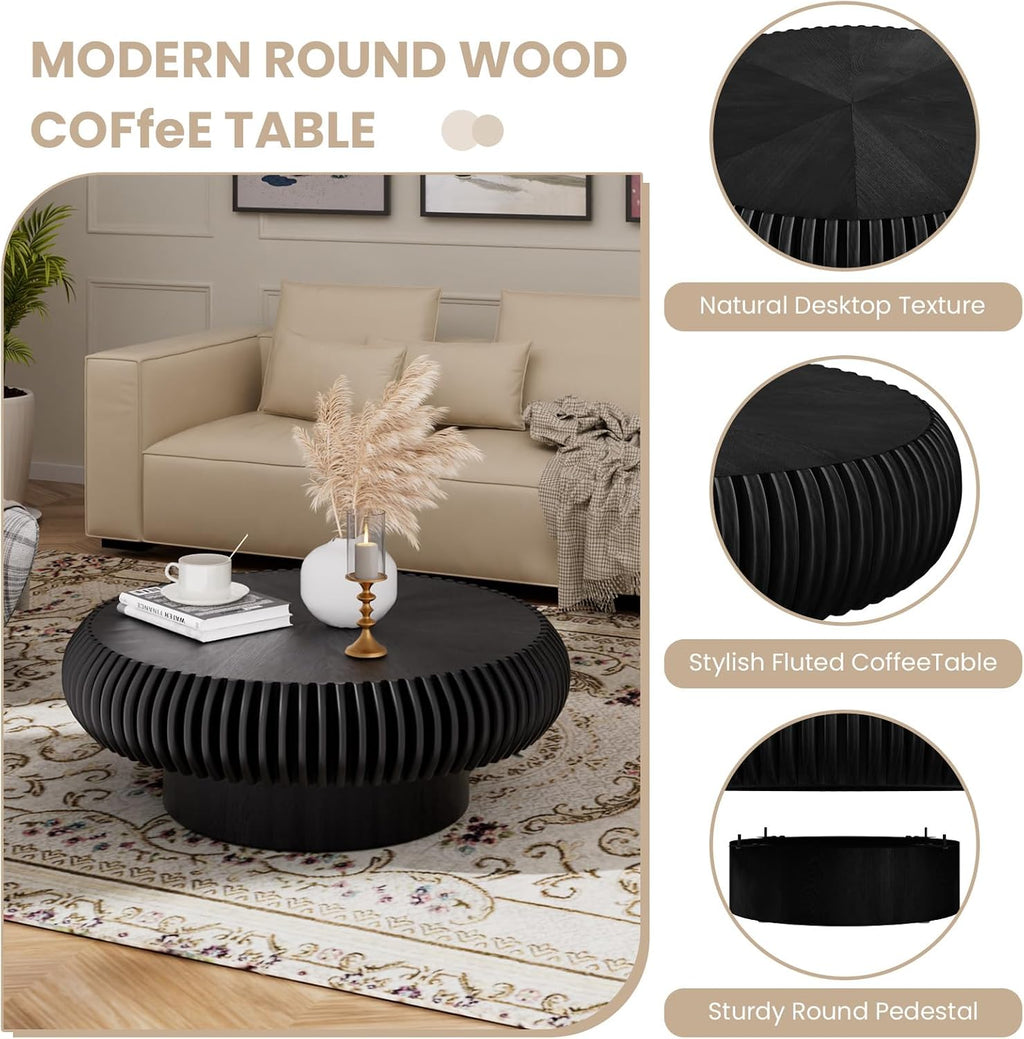 Fluted Drum Coffee Table Round Coffee Table for Living Room Mid Century Modern Coffee Tables with Sturdy Pedestal Circle Center Tea Table Accent Tea Table for Small Space Apartment (31.5' Black)