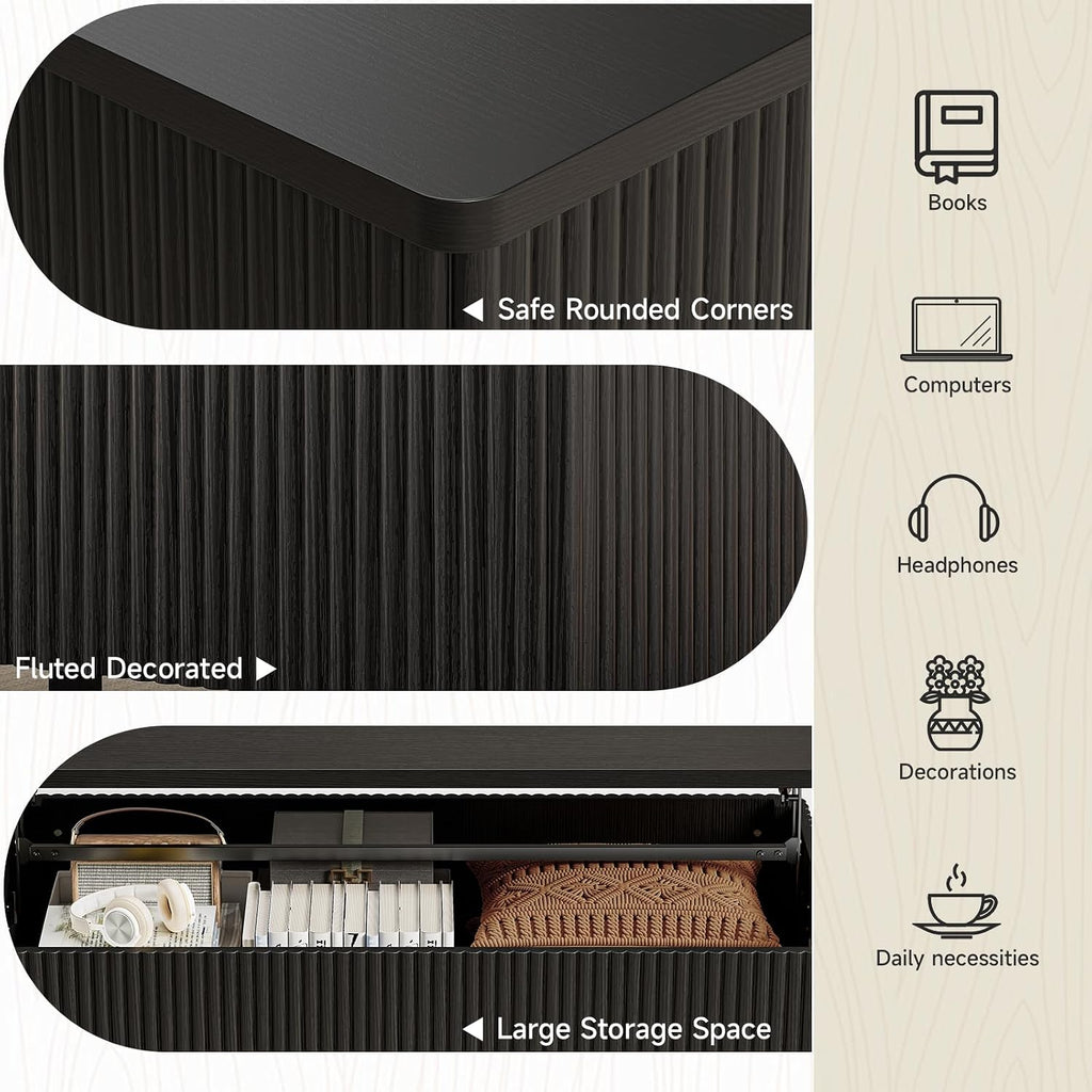 ONBRILL Fluted Lift Top Coffee Table with Storage, Mid Century Modern Coffee Table with Hidden Compartment, Rising Top Wood Center Table for Living Room, Home Office, Rounded Edges (Black)