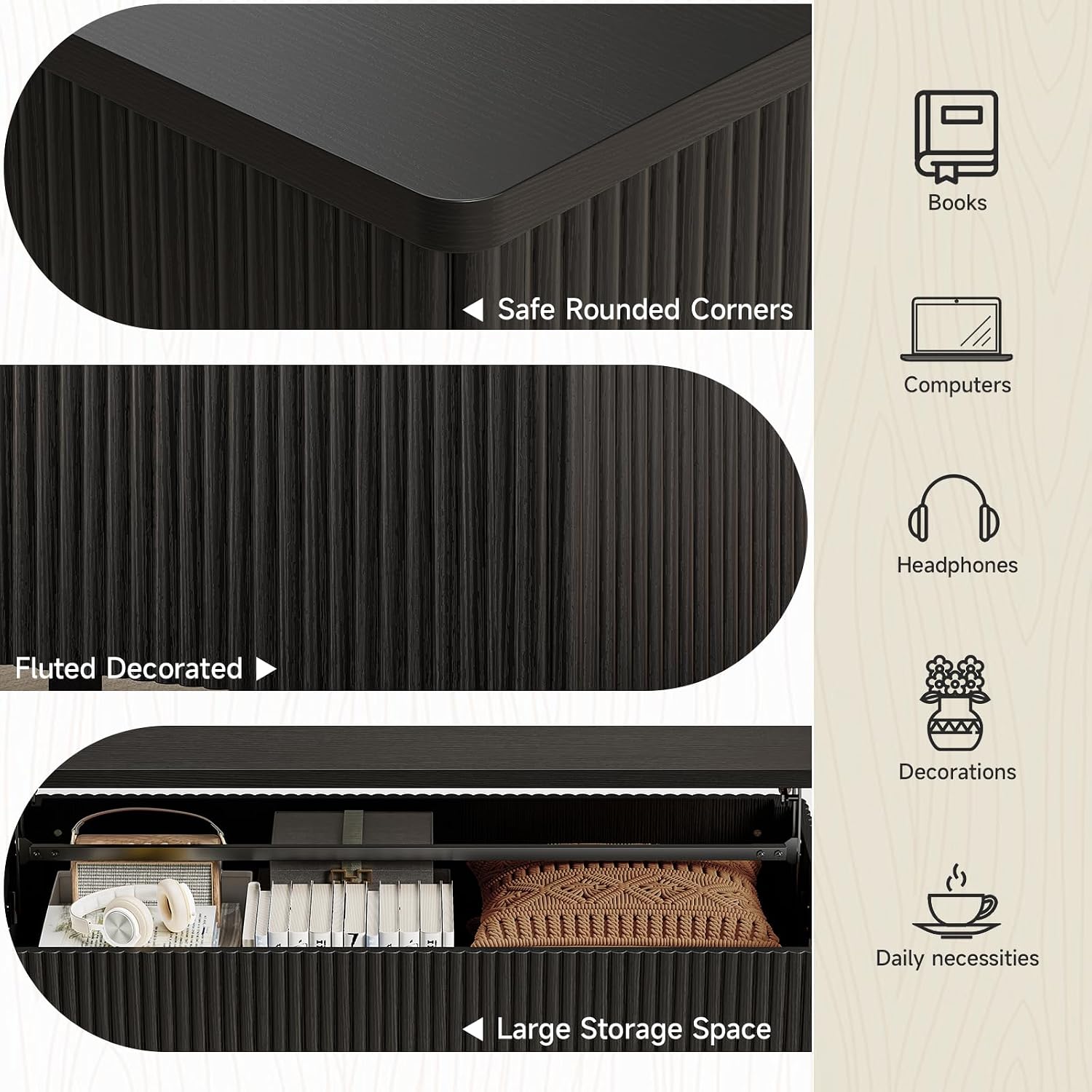 ONBRILL Fluted Lift Top Coffee Table with Storage, Mid Century Modern Coffee Table with Hidden Compartment, Rising Top Wood Center Table for Living Room, Home Office, Rounded Edges (Black)