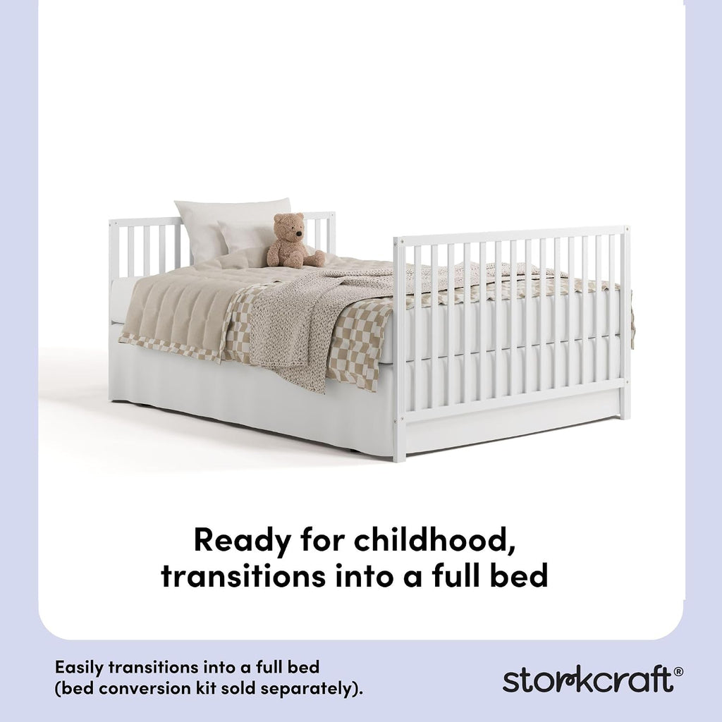 Storkcraft Morningside 5-in-1 Convertible Crib – GREENGUARD Gold Certified, Fits Standard Crib Mattress, Converts to Toddler Bed, Daybed and Full Bed, 4 Adjustable Mattress Heights (White)