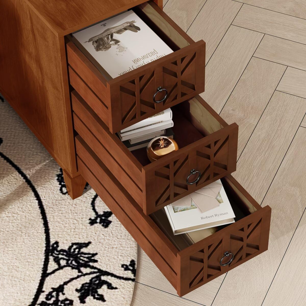 JIJIWANG 23.6' L End Table with 3 Drawers, Corner Table with 4 Open Shelves, Tall Side Table for Bedroom and Corner, Expect Arrival Date, Natural