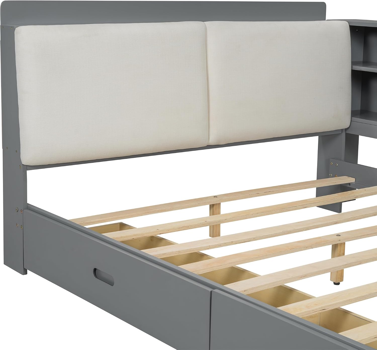 Full Daybed with Storage Headboard, Corner Platform Bed with Shelves, Storage Board and 2 Drawers, Solid Wooden Slats Support, Gray