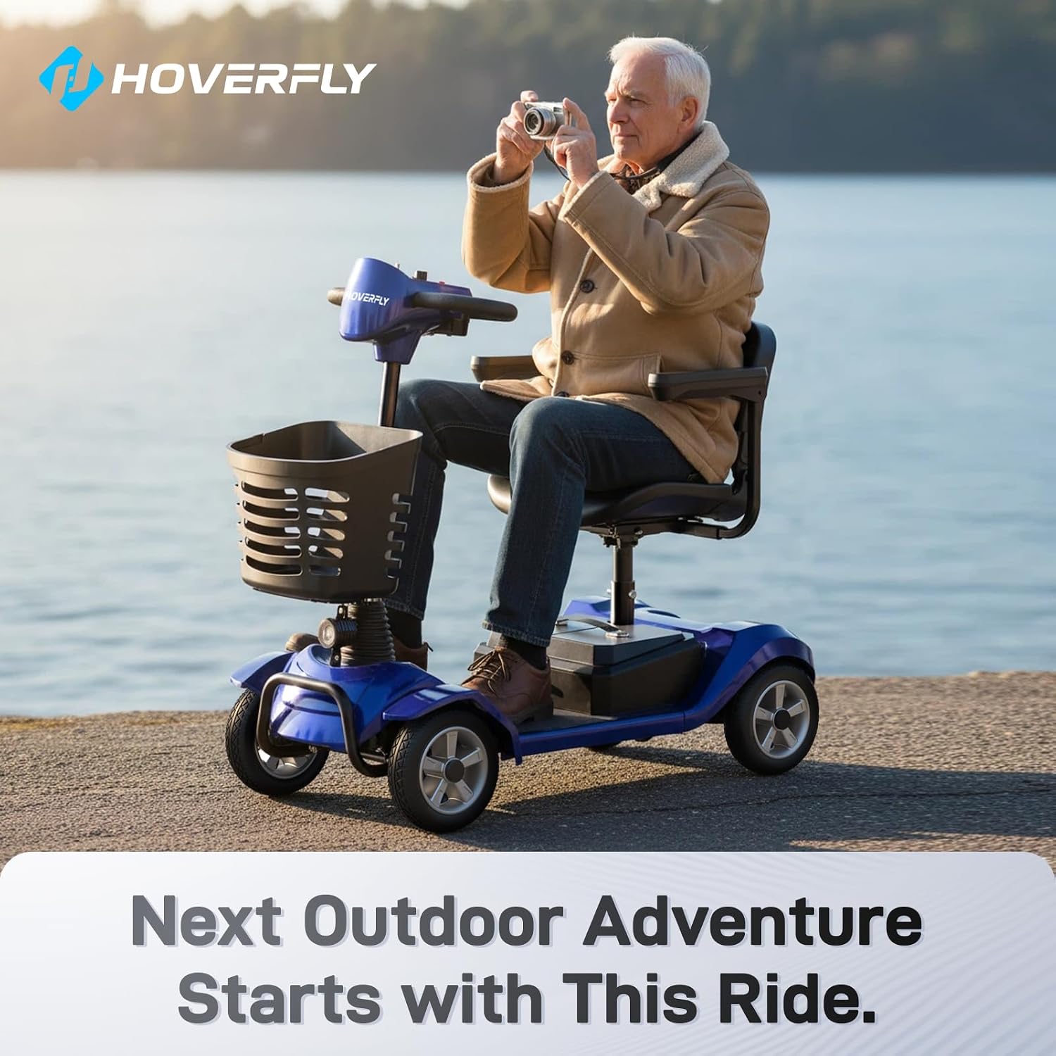 Hoverfly T4 Mobility Scooter for Seniors, Max 12.4-Mile Range & 3.7 mph, 3-Position Seat & Anti-slip Rear Wheel, Removed Battery&Quick Fold Design, Solid 9' Tire&330 lb Capacity, Ease of Assembly Blue